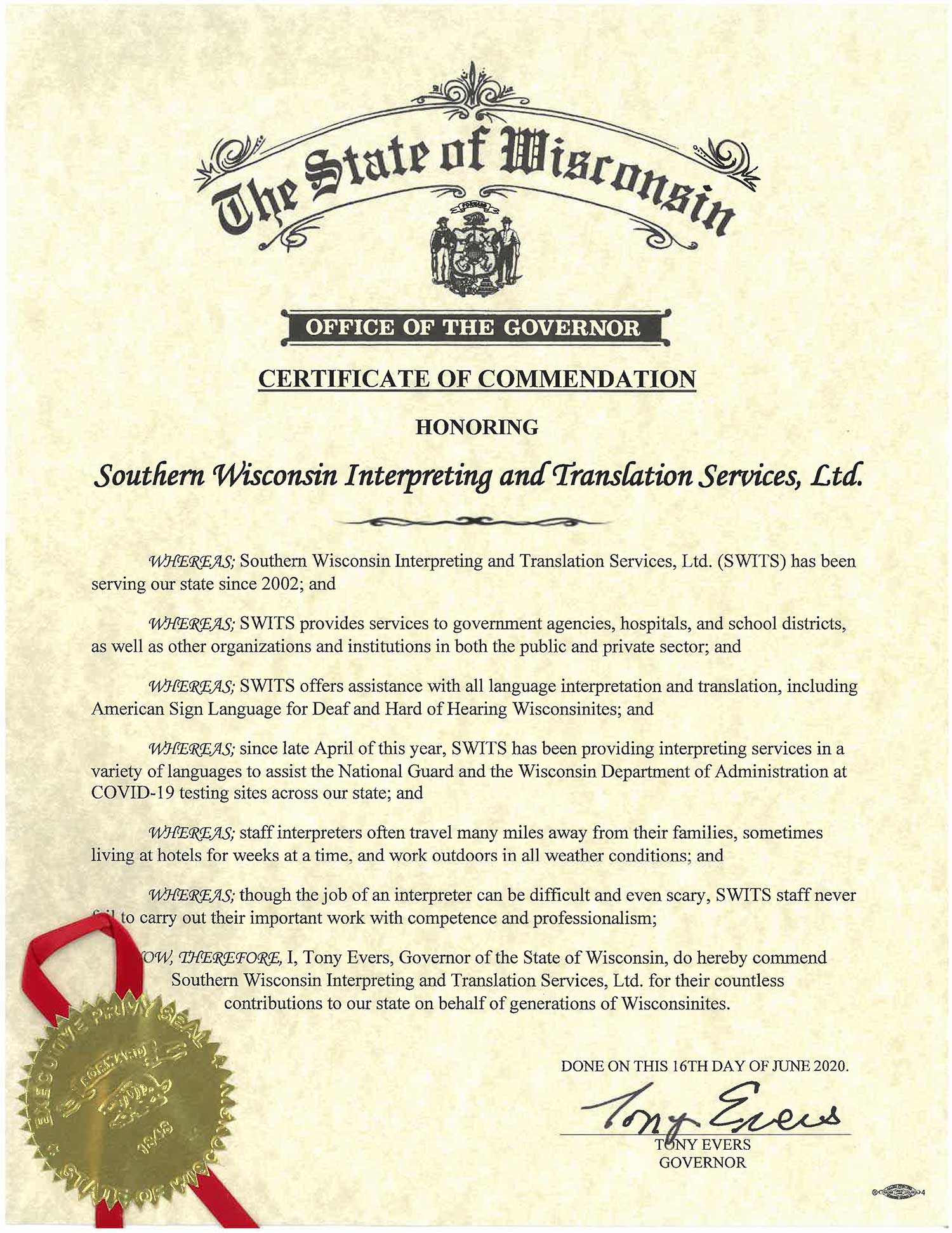 Certificate of Commendation Interpreters SWITS Southern Wisconsin